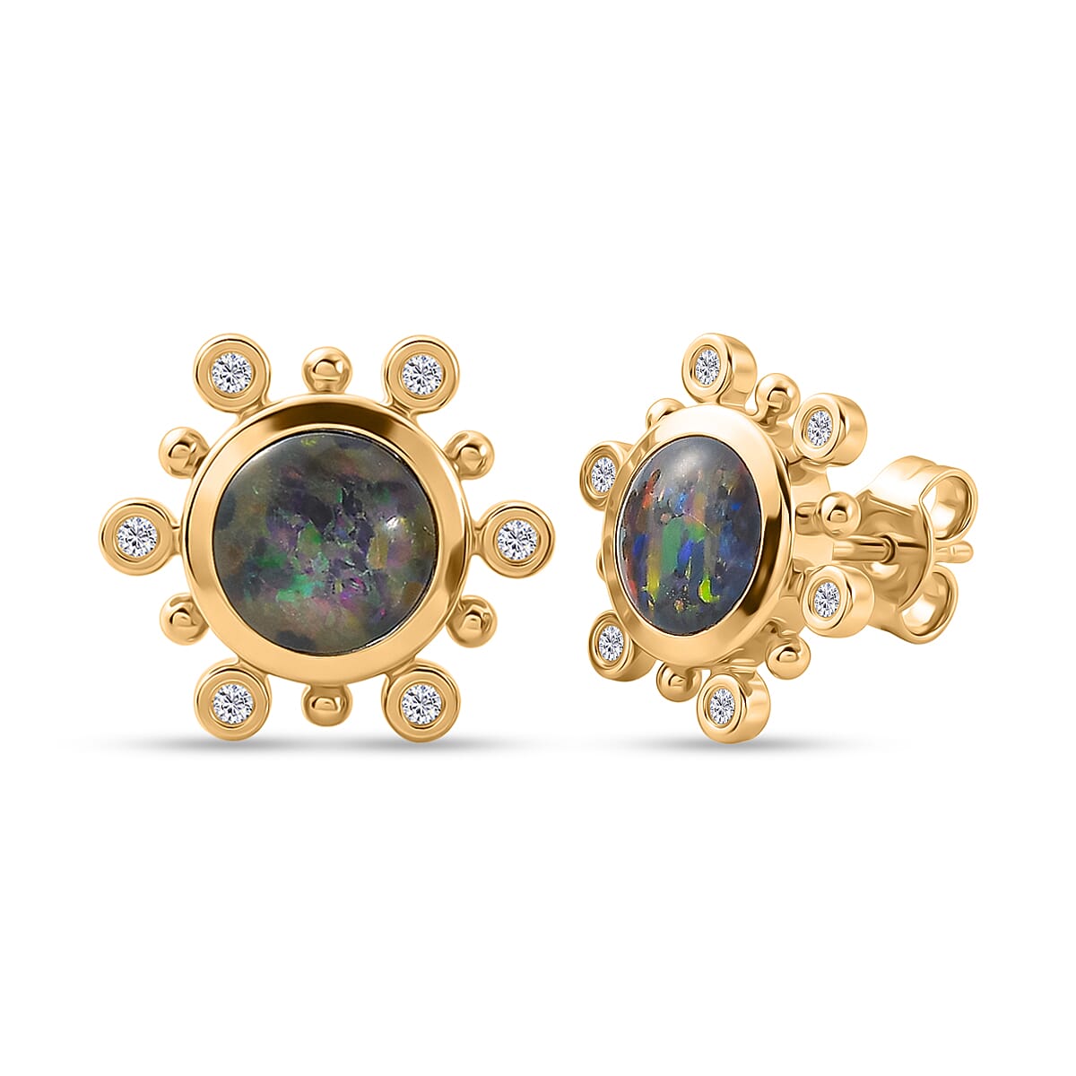 D'Joy - Boulder Opal Triplet & White Zircon Solitaire Stud Push Post Earring in Yellow Gold Plated Sterling Silver 1.75 Ct.