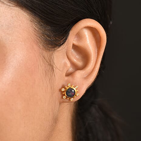 D'Joy - Boulder Opal Triplet & White Zircon Solitaire Stud Push Post Earring in Yellow Gold Plated Sterling Silver 1.75 Ct.