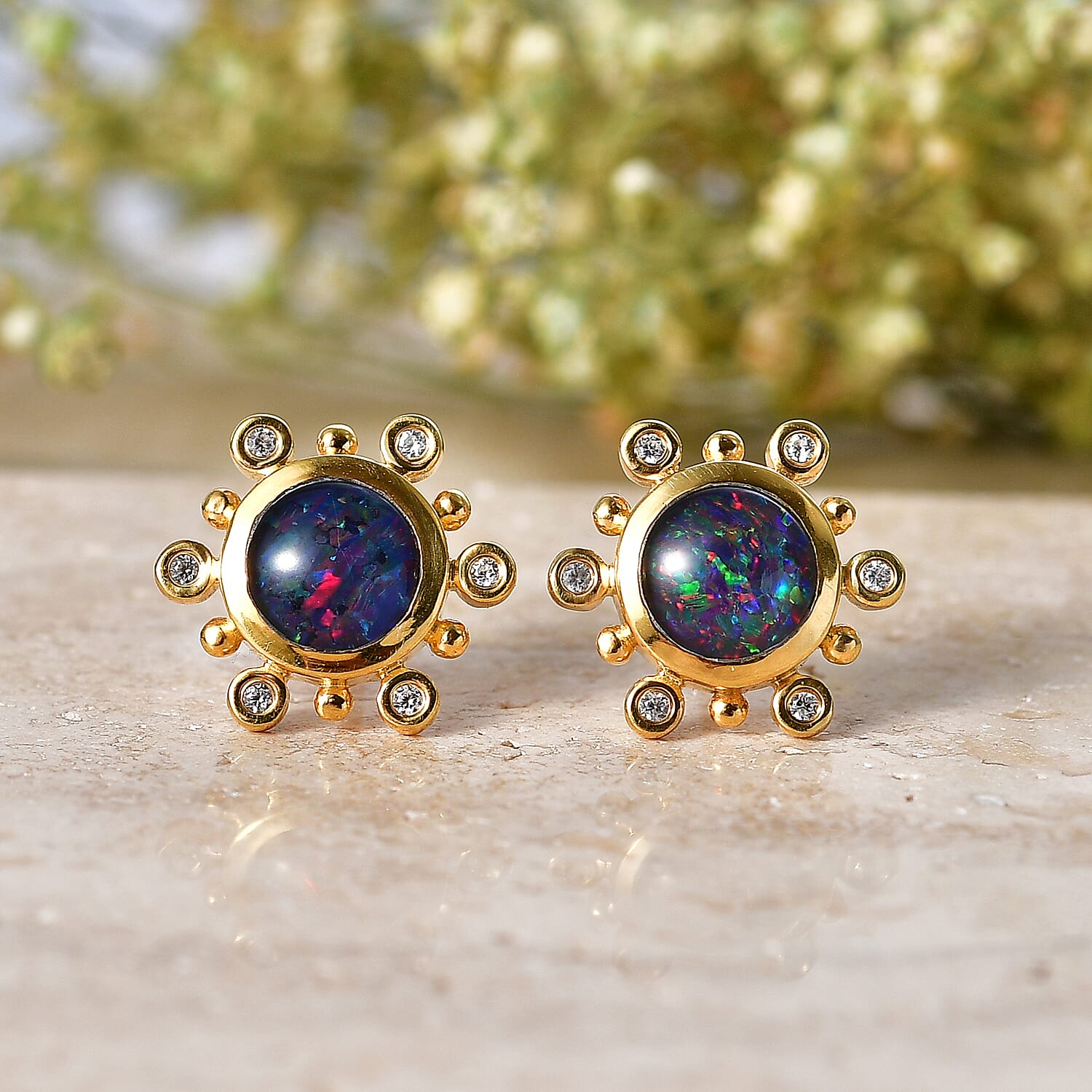 D'Joy - Boulder Opal Triplet & White Zircon Solitaire Stud Push Post Earring in Yellow Gold Plated Sterling Silver 1.75 Ct.