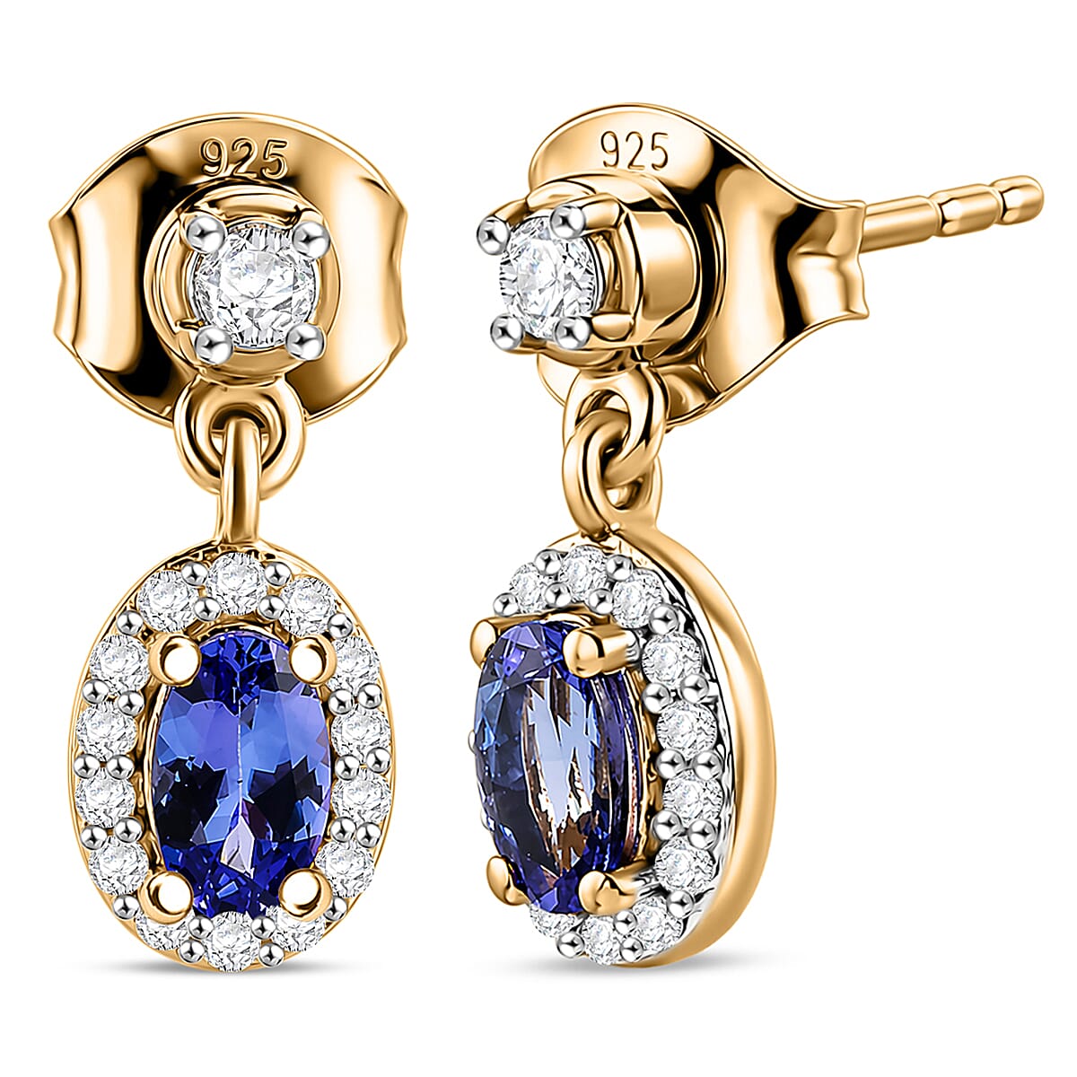 D'Joy - AAA Tanzanite & White Zircon Oval Halo Drop Earring with Push Post in Yellow Gold Plated Sterling Silver 1.00 Ct.