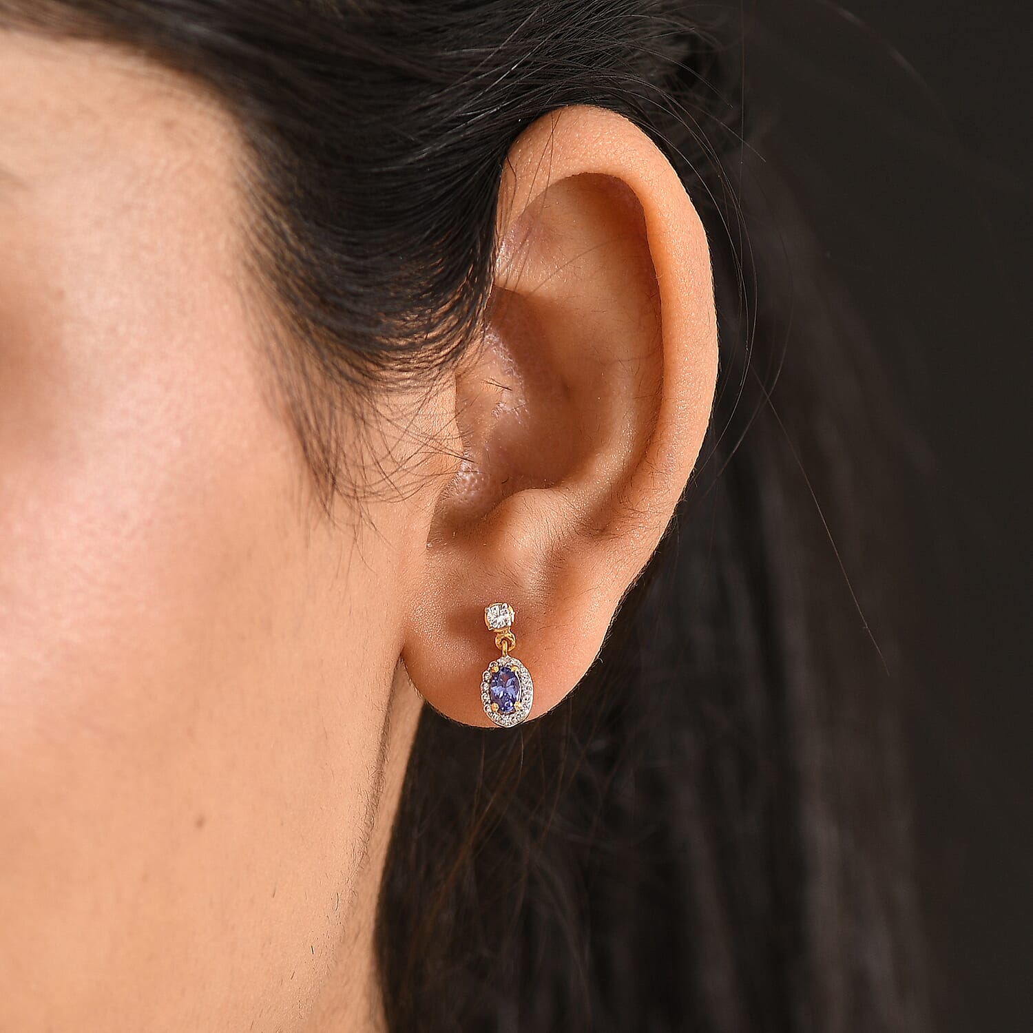 D'Joy - AAA Tanzanite & White Zircon Oval Halo Drop Earring with Push Post in Yellow Gold Plated Sterling Silver 1.00 Ct.