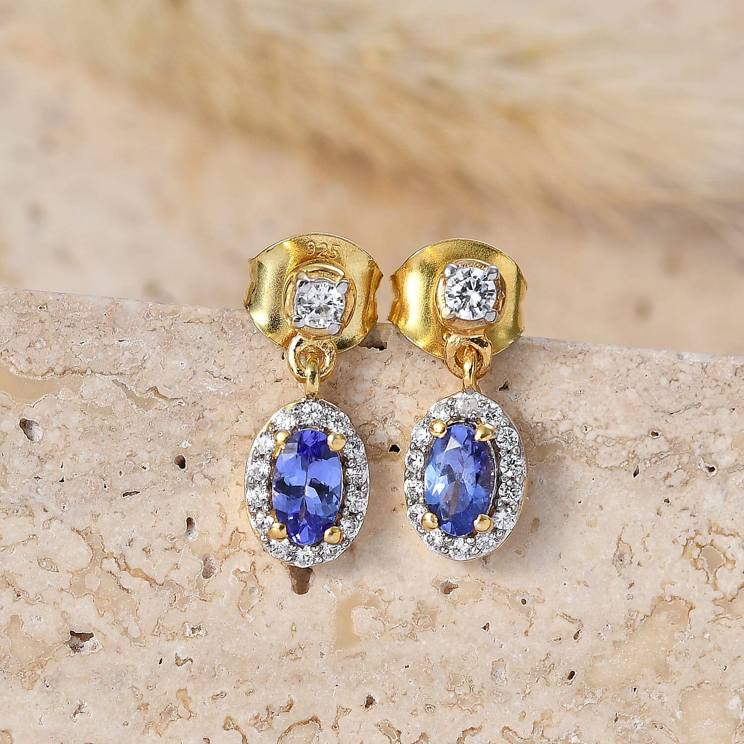 D'Joy - AAA Tanzanite & White Zircon Oval Halo Drop Earring with Push Post in Yellow Gold Plated Sterling Silver 1.00 Ct.