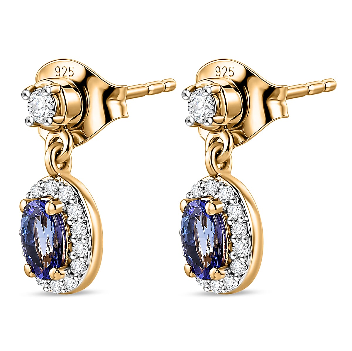 D'Joy - AAA Tanzanite & White Zircon Oval Halo Drop Earring with Push Post in Yellow Gold Plated Sterling Silver 1.00 Ct.