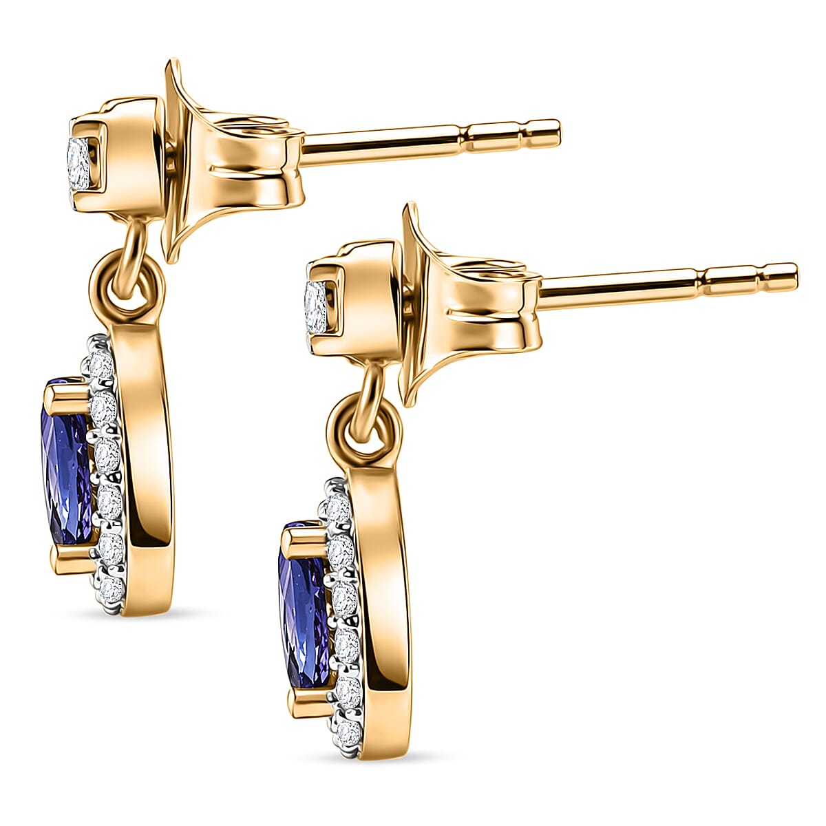 D'Joy - AAA Tanzanite & White Zircon Oval Halo Drop Earring with Push Post in Yellow Gold Plated Sterling Silver 1.00 Ct.