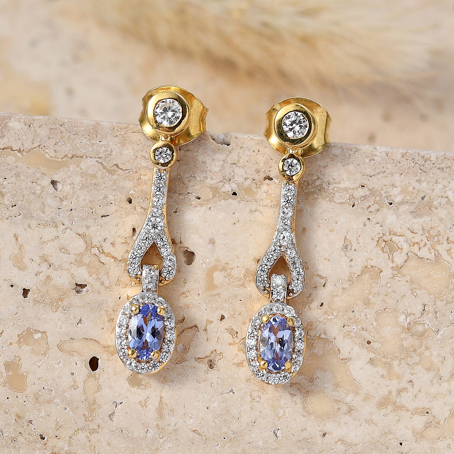 D'Joy - Tanzanite & White Zircon Dangling Earring with Push Post in Yellow Gold Plated Sterling Silver 1.00 Ct.