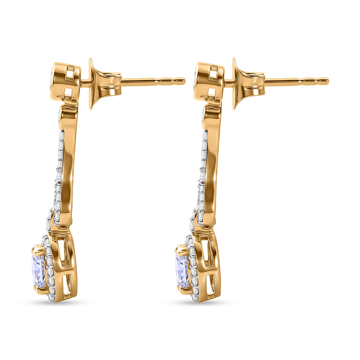D'Joy - Tanzanite & White Zircon Dangling Earring with Push Post in Yellow Gold Plated Sterling Silver 1.00 Ct.