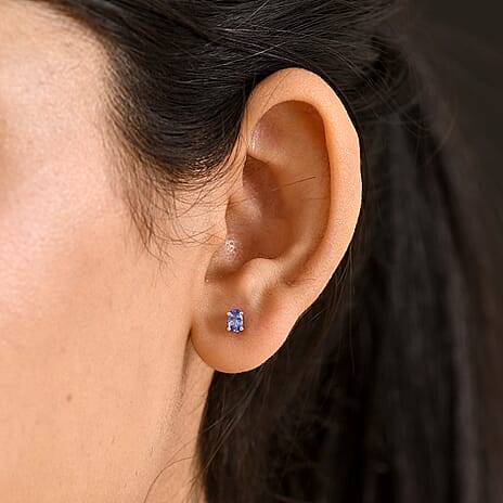 D'Joy - Tanzanite Solitaire Stud Push Post Earring in Platinum Overlay Sterling Silver
