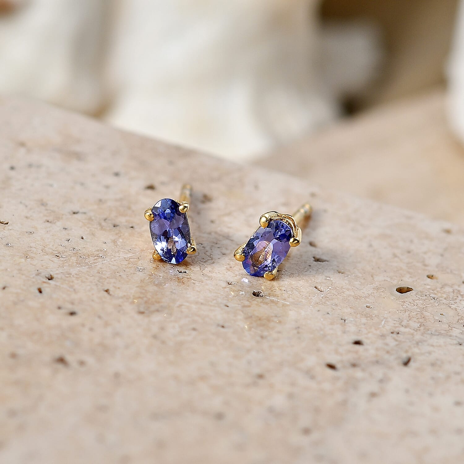 D'Joy - Tanzanite Solitaire Stud Push Post Earring in Yellow Gold Plated Sterling Silver