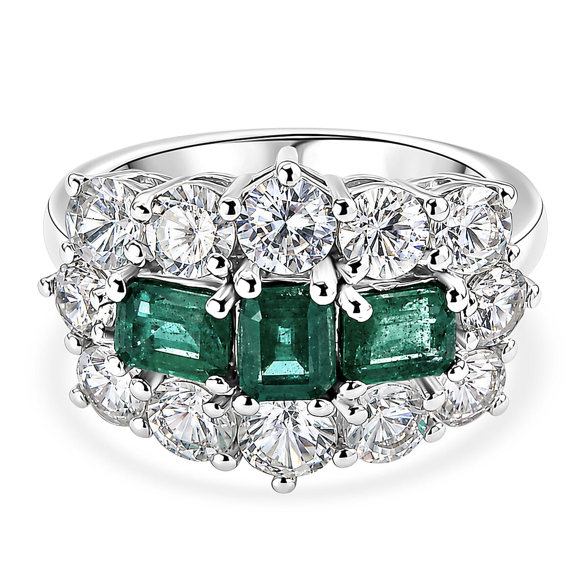 D'Joy - AAA Premium Zambian Emerald & White Zircon Cluster Ring in Rhodium Overlay Sterling Silver 4.90 Ct.