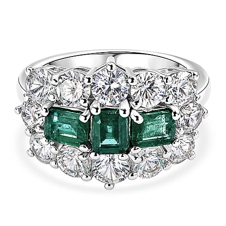 D'Joy - AAA Premium Zambian Emerald & White Zircon Cluster Ring in Rhodium Overlay Sterling Silver 4.90 Ct.