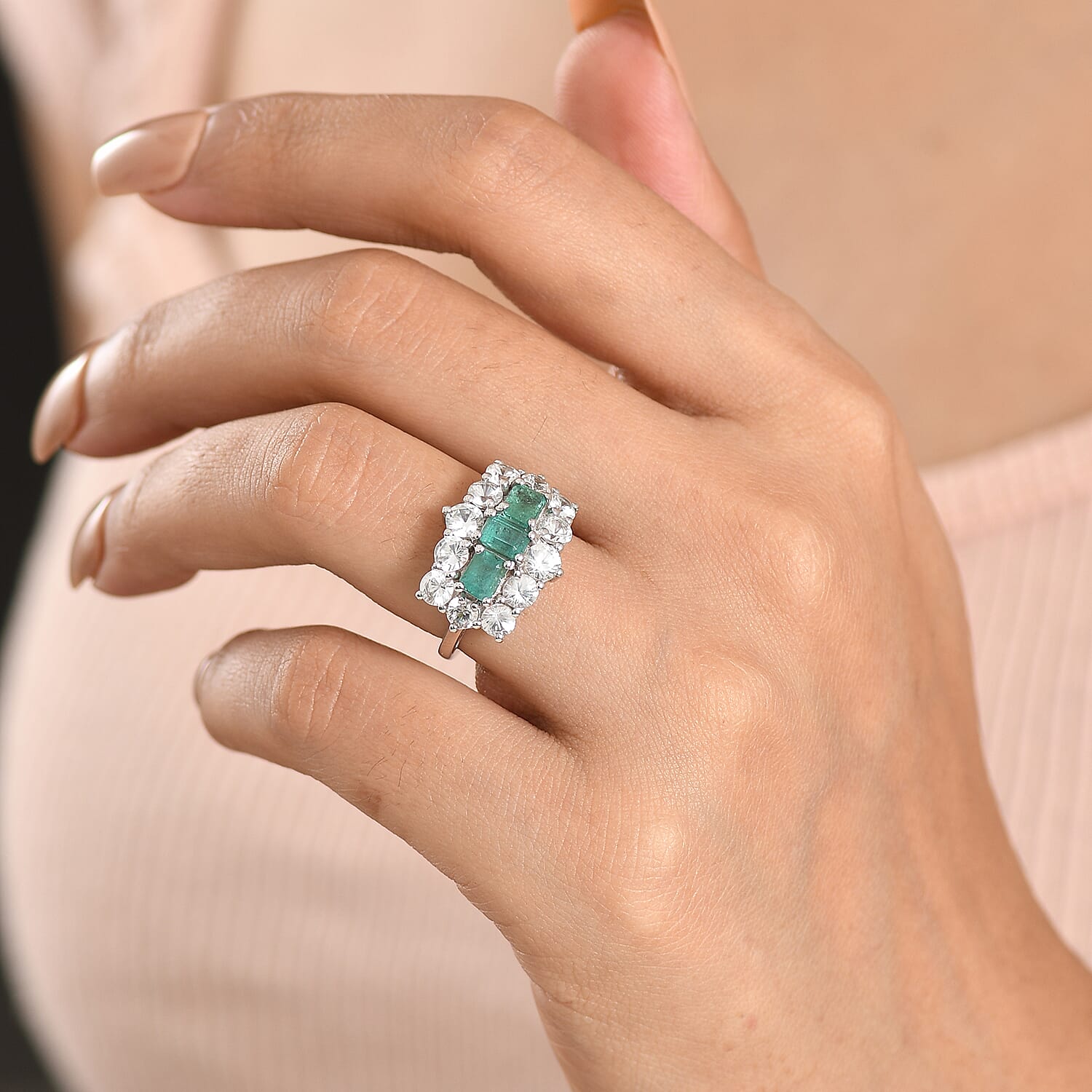 D'Joy - AAA Premium Zambian Emerald & White Zircon Cluster Ring in Rhodium Overlay Sterling Silver 4.90 Ct.