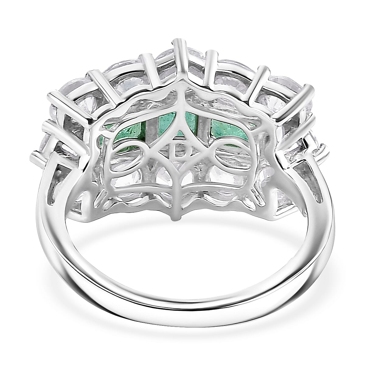D'Joy - AAA Premium Zambian Emerald & White Zircon Cluster Ring in Rhodium Overlay Sterling Silver 4.90 Ct.