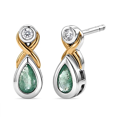 Luxuriant - AAA Zambian Emerald & Lab Grown Diamond (SI-G-H) Solitaire Stud Push Post Earring in 18K Vermeil Yellow Gold Plated & Rhodium Overlay Sterling Silver 0.34 Ct.