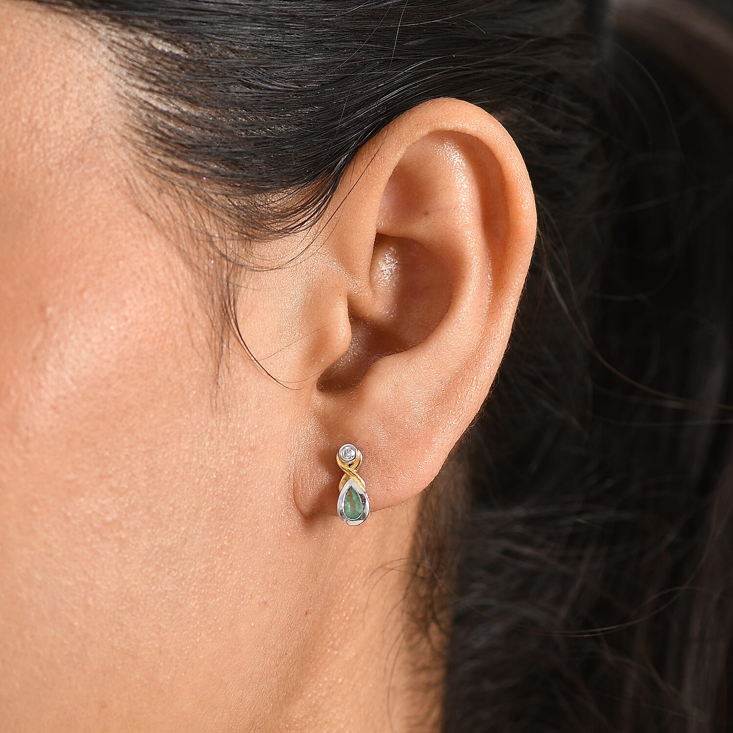 Luxuriant - AAA Zambian Emerald & Lab Grown Diamond (SI-G-H) Solitaire Stud Push Post Earring in 18K Vermeil Yellow Gold Plated & Rhodium Overlay Sterling Silver 0.34 Ct.