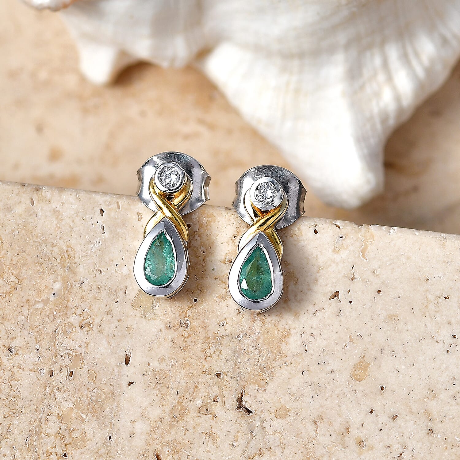 Luxuriant - AAA Zambian Emerald & Lab Grown Diamond (SI-G-H) Solitaire Stud Push Post Earring in 18K Vermeil Yellow Gold Plated & Rhodium Overlay Sterling Silver 0.34 Ct.