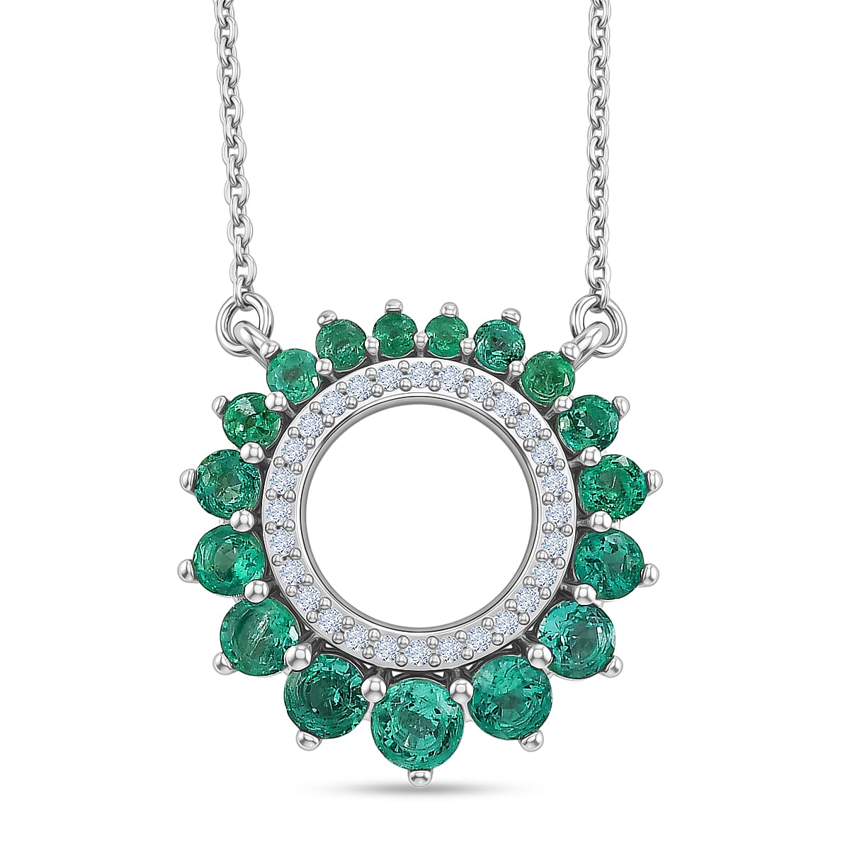 D'Joy - AAA Zambian Emerald & White Zircon Necklace (Size - 20) with Lobster Clasp in Rhodium Overlay Sterling Silver 1.40 Ct.