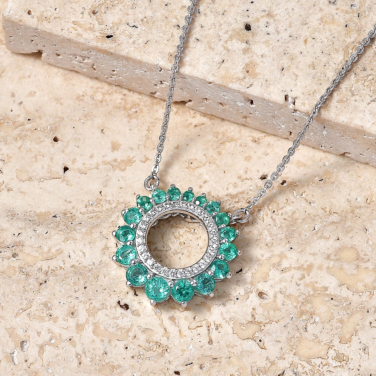 D'Joy - AAA Zambian Emerald & White Zircon Necklace (Size - 20) with Lobster Clasp in Rhodium Overlay Sterling Silver 1.40 Ct.