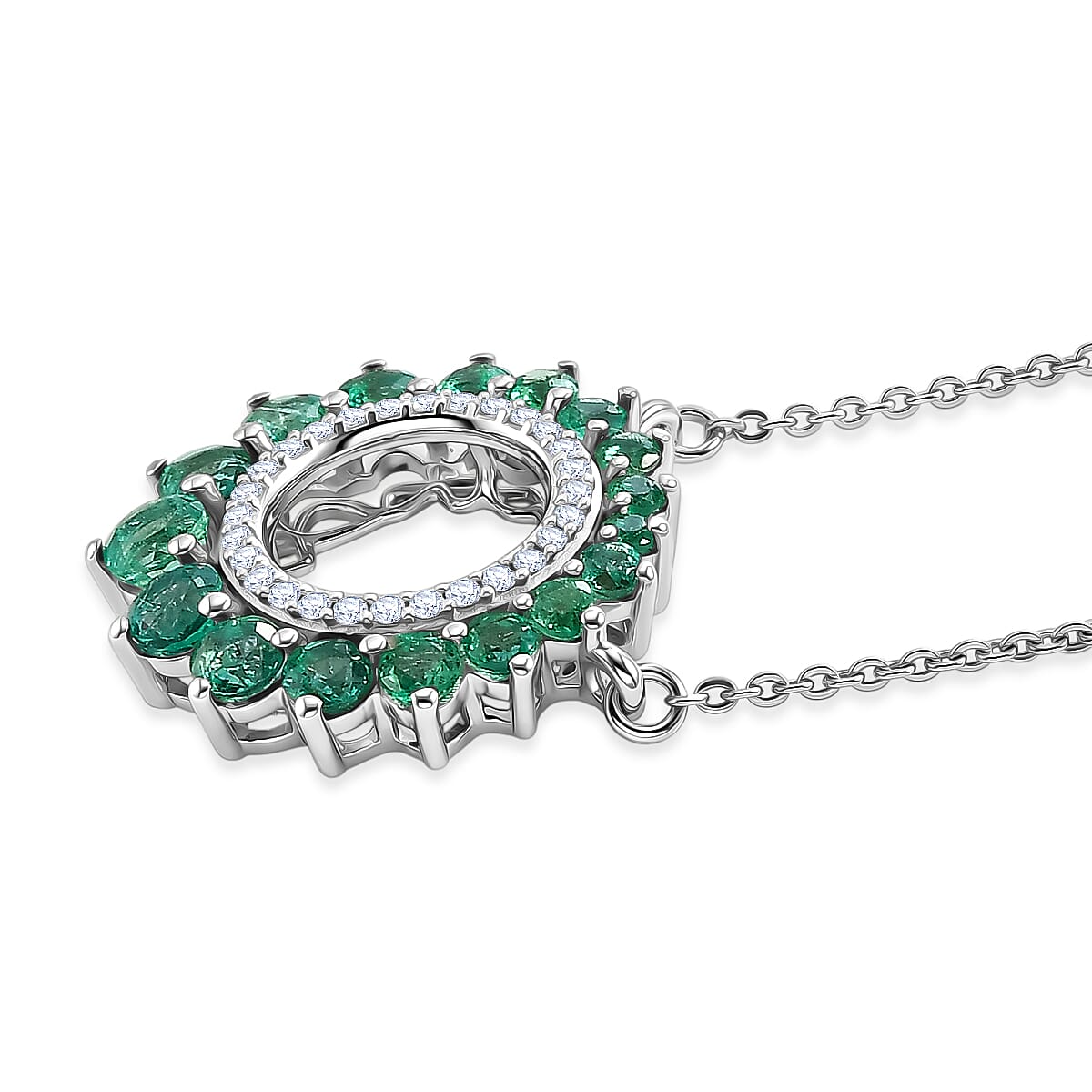 D'Joy - AAA Zambian Emerald & White Zircon Necklace (Size - 20) with Lobster Clasp in Rhodium Overlay Sterling Silver 1.40 Ct.