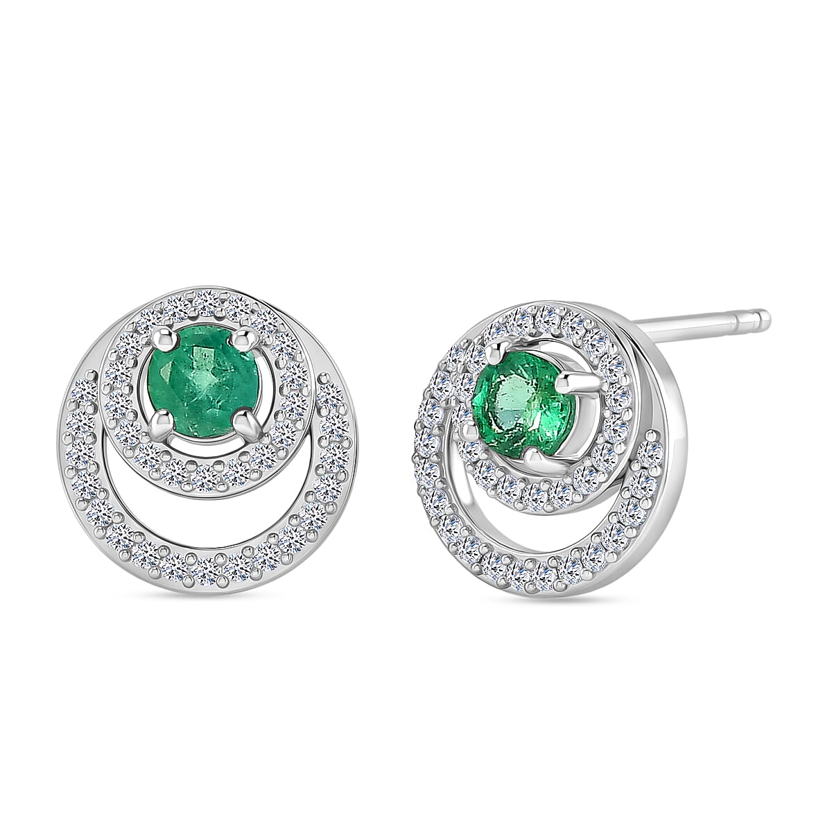 Luxuriant - AAA Zambian Emerald & Lab Grown Diamond (SI-G-H) Earring with Push Post in Rhodium Overlay Sterling Silver 0.85 Ct.