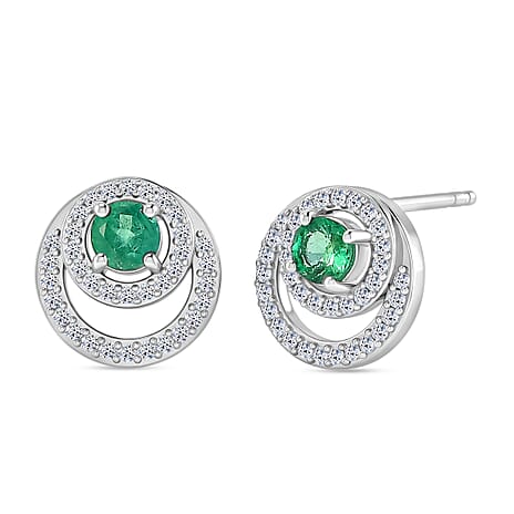 Luxuriant - AAA Zambian Emerald & Lab Grown Diamond (SI-G-H) Earring with Push Post in Rhodium Overlay Sterling Silver 0.85 Ct.