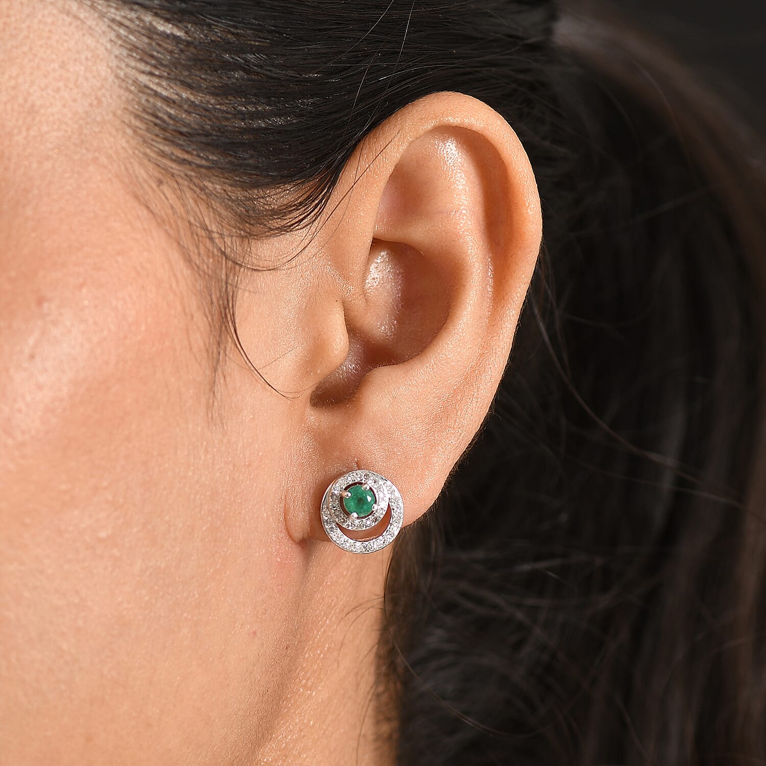 Luxuriant - AAA Zambian Emerald & Lab Grown Diamond (SI-G-H) Earring with Push Post in Rhodium Overlay Sterling Silver 0.85 Ct.