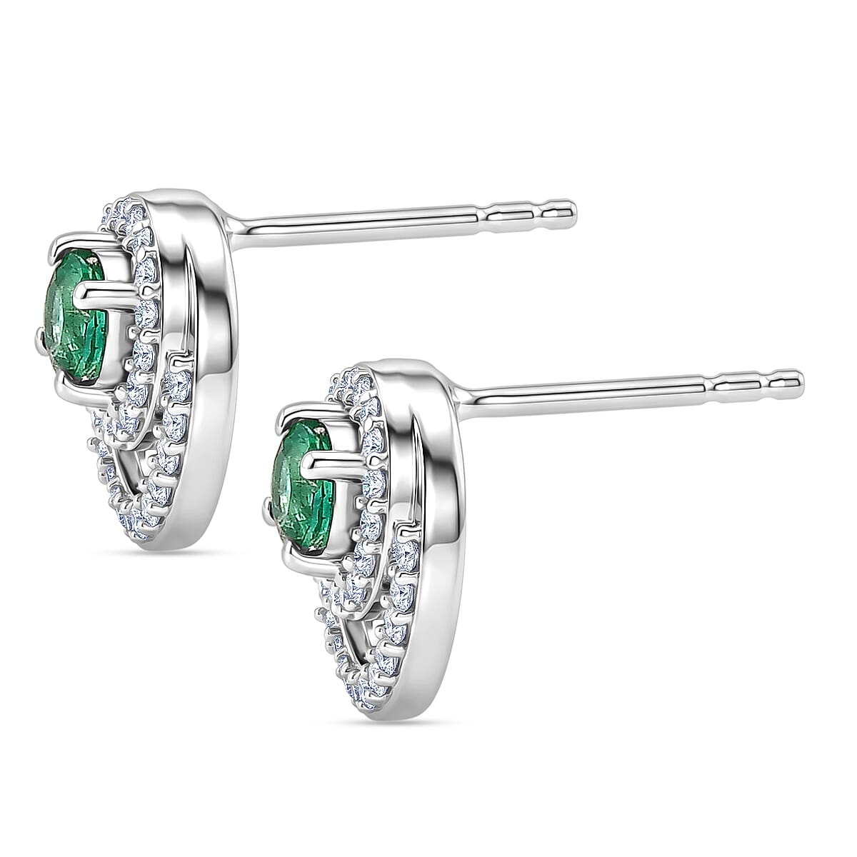 Luxuriant - AAA Zambian Emerald & Lab Grown Diamond (SI-G-H) Earring with Push Post in Rhodium Overlay Sterling Silver 0.85 Ct.