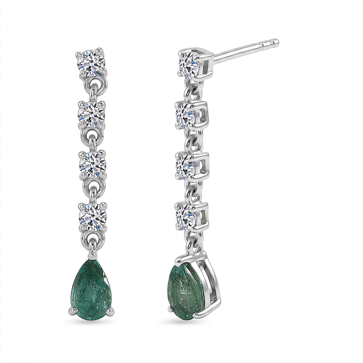 Luxuriant - Zambian Emerald & Lab Grown Diamond (SI-G-H) Dangling Earring with Push Post in Rhodium Overlay Sterling Silver 1.30 Ct.