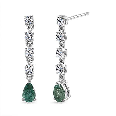 Luxuriant - Zambian Emerald & Lab Grown Diamond (SI-G-H) Dangling Earring with Push Post in Rhodium Overlay Sterling Silver 1.30 Ct.