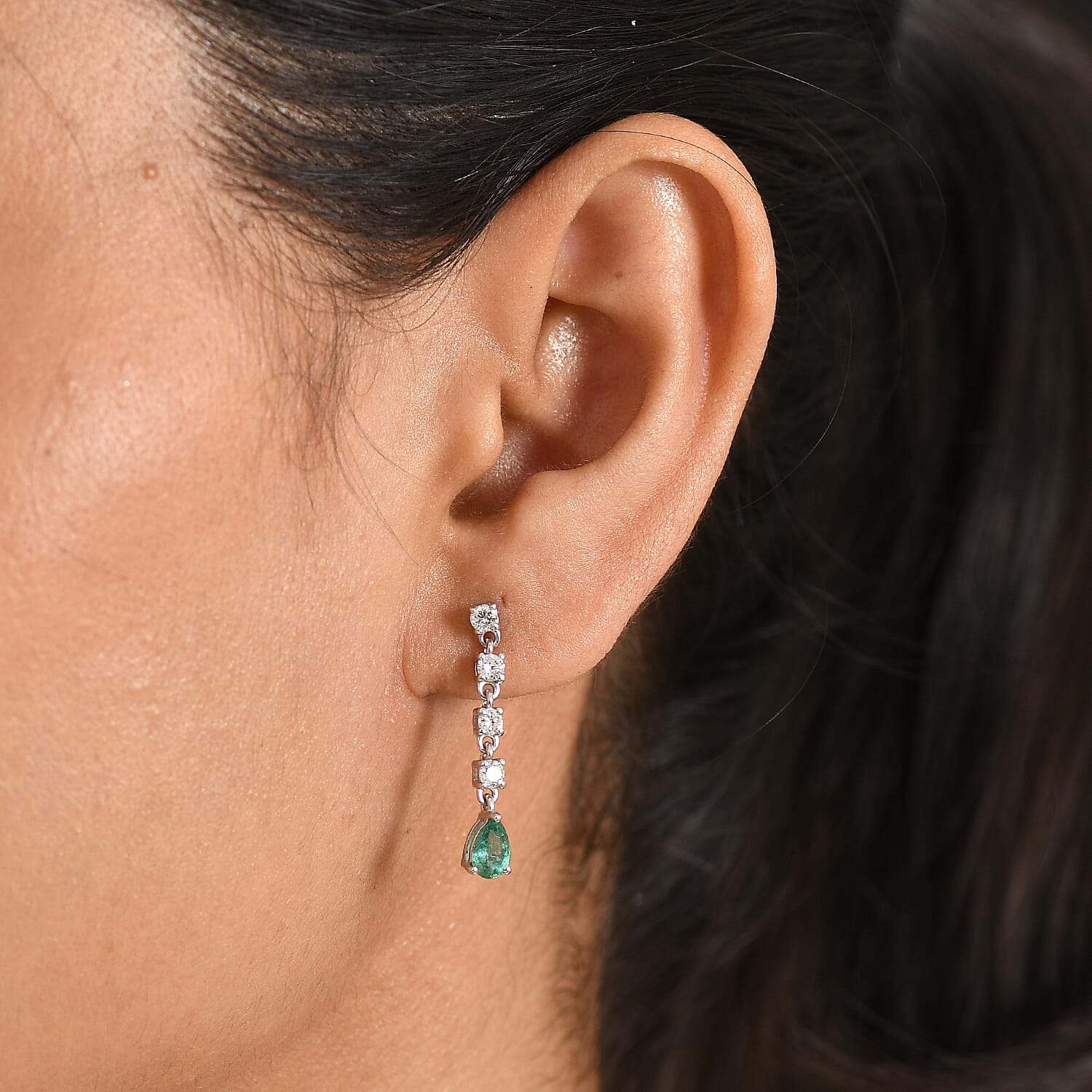 Luxuriant - Zambian Emerald & Lab Grown Diamond (SI-G-H) Dangling Earring with Push Post in Rhodium Overlay Sterling Silver 1.30 Ct.