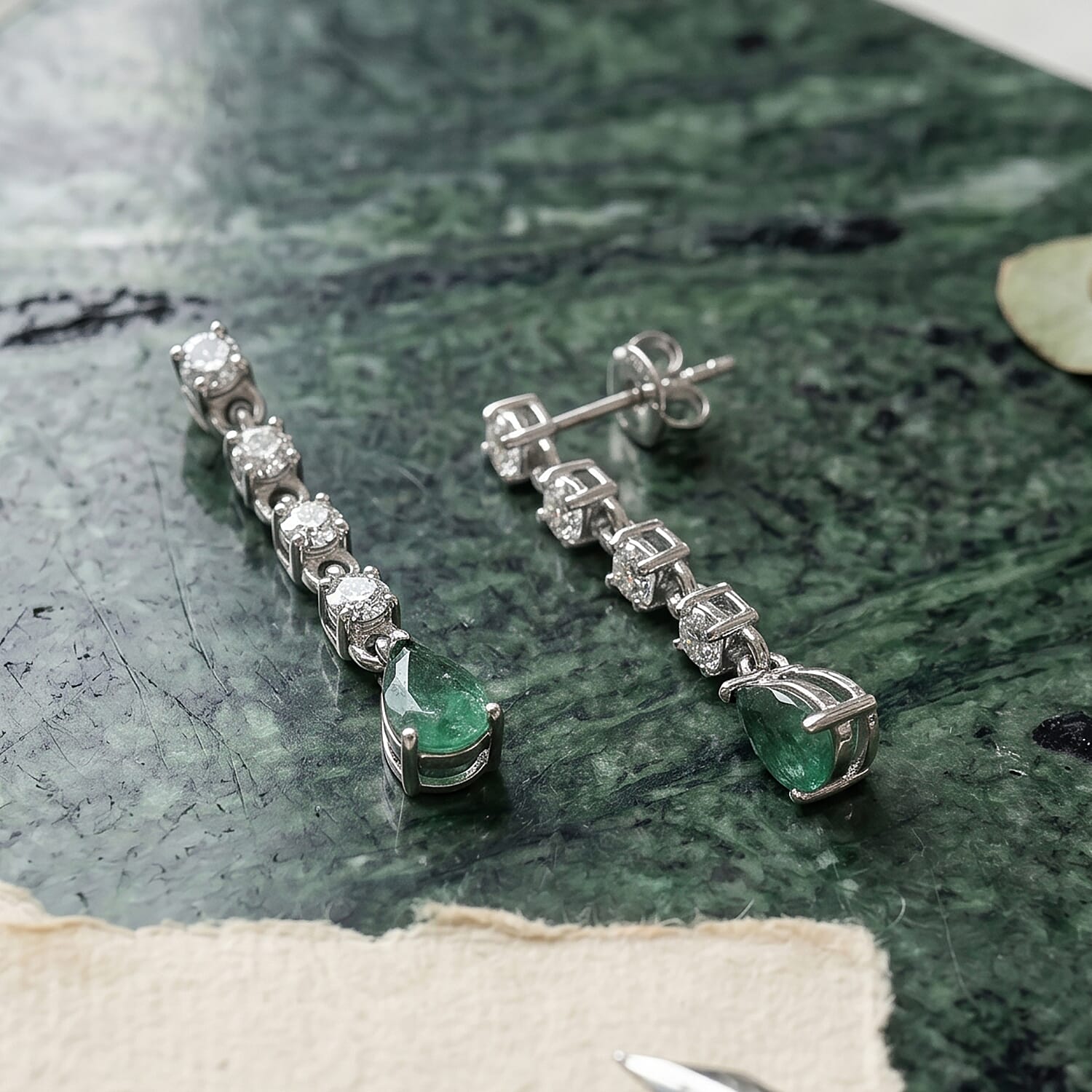 Luxuriant - Zambian Emerald & Lab Grown Diamond (SI-G-H) Dangling Earring with Push Post in Rhodium Overlay Sterling Silver 1.30 Ct.