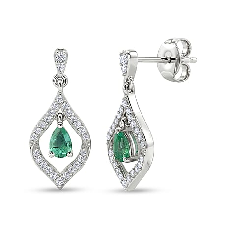 D'Joy - AAA Zambian Emerald & White Zircon Dangling Earring with Push Post in Rhodium Overlay Sterling Silver