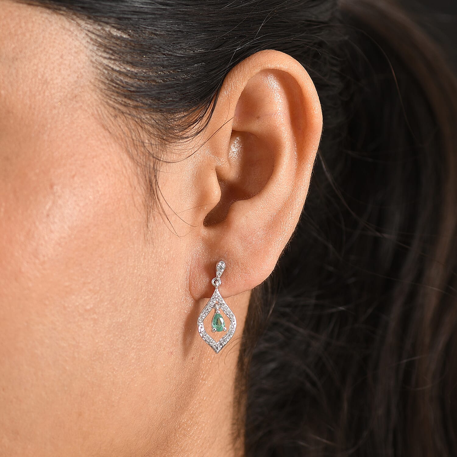D'Joy - AAA Zambian Emerald & White Zircon Dangling Earring with Push Post in Rhodium Overlay Sterling Silver