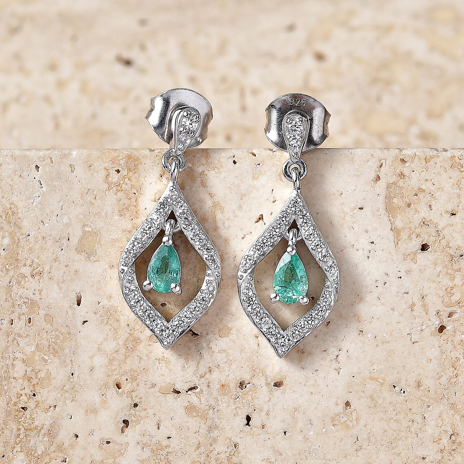 D'Joy - AAA Zambian Emerald & White Zircon Dangling Earring with Push Post in Rhodium Overlay Sterling Silver