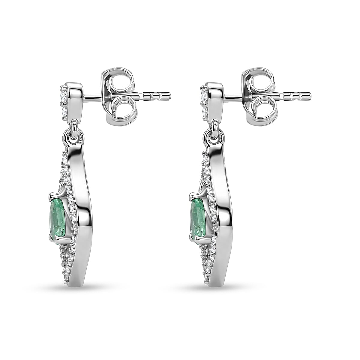 D'Joy - AAA Zambian Emerald & White Zircon Dangling Earring with Push Post in Rhodium Overlay Sterling Silver