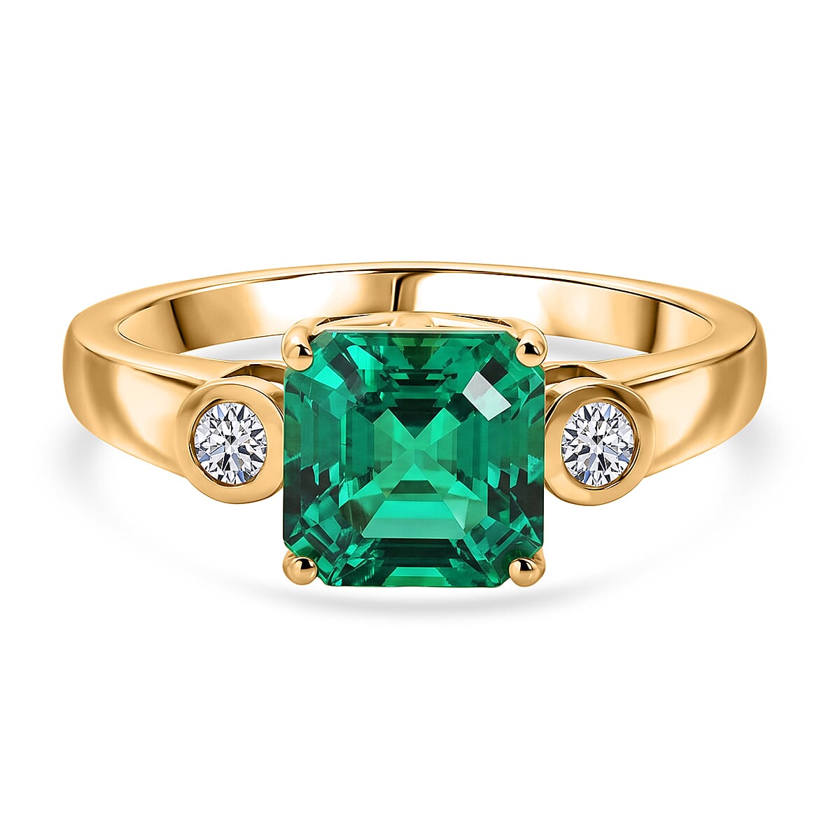 Luxuriant - AAA Lab Grown Columbian Emerald & Lab Grown Diamond (SI-G-H) Trilogy Ring in 18K Vermeil Yellow Gold Plated Sterling Silver 1.60 Ct.