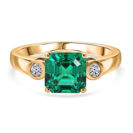 Luxuriant - AAA Lab Grown Columbian Emerald & Lab Grown Diamond (SI-G-H) Trilogy Ring in 18K Vermeil Yellow Gold Plated Sterling Silver 1.60 Ct.