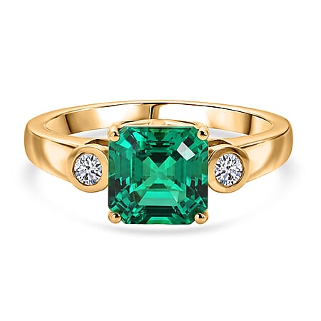 Luxuriant - AAA Lab Grown Columbian Emerald & Lab Grown Diamond (SI-G-H) Trilogy Ring in 18K Vermeil Yellow Gold Plated Sterling Silver 1.60 Ct. Luxuriant - AAA Lab Grown Columbian Emerald & Lab Grown Diamond (SI-G-H) Trilogy Ring in 18K Vermeil Yellow Gold Plated Sterling Silver 1.60 Ct.