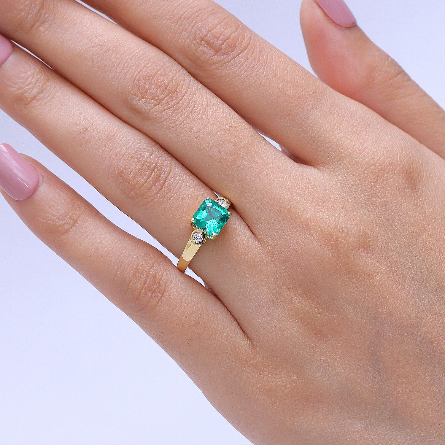Luxuriant - AAA Lab Grown Columbian Emerald & Lab Grown Diamond (SI-G-H) Trilogy Ring in 18K Vermeil Yellow Gold Plated Sterling Silver 1.60 Ct.