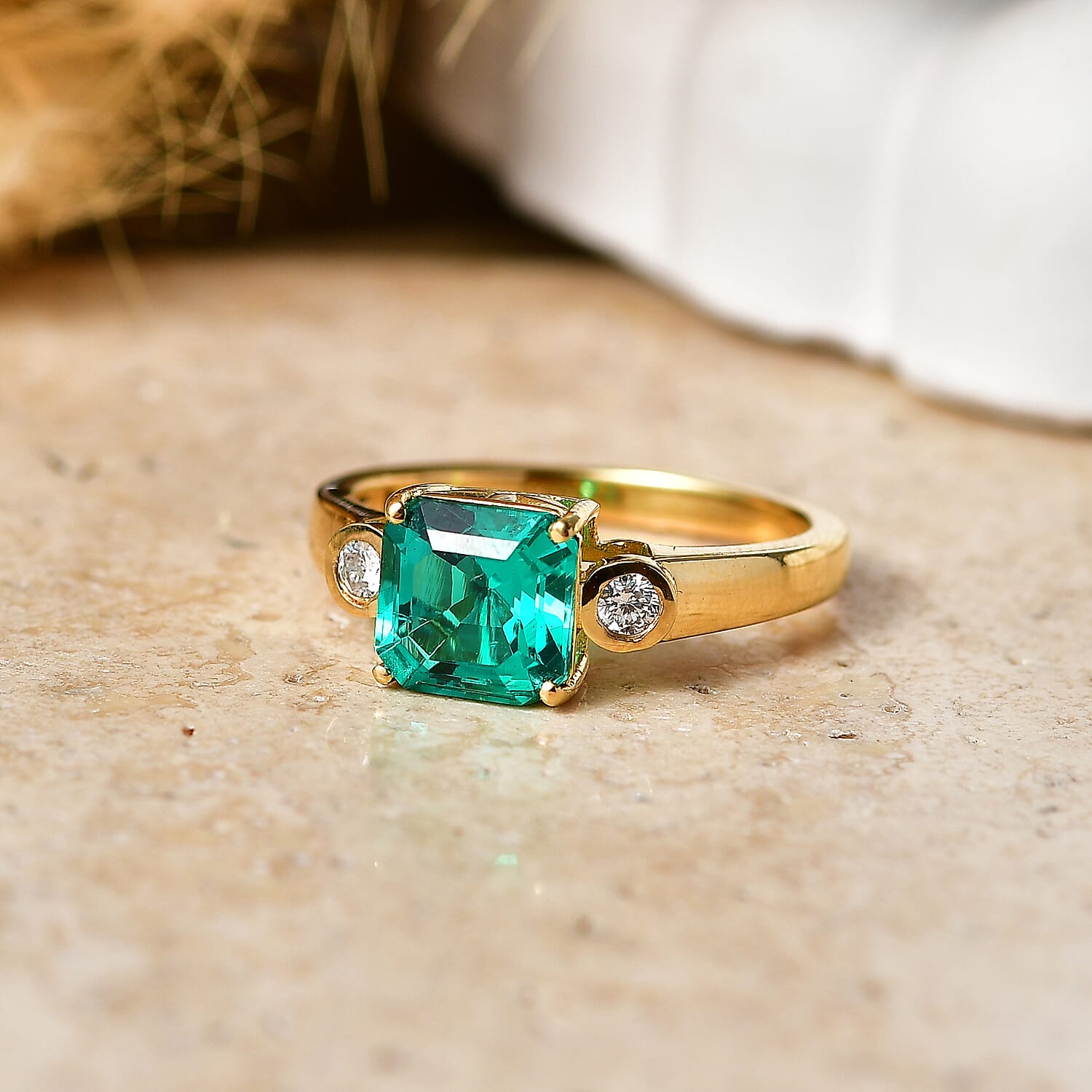 Luxuriant - AAA Lab Grown Columbian Emerald & Lab Grown Diamond (SI-G-H) Trilogy Ring in 18K Vermeil Yellow Gold Plated Sterling Silver 1.60 Ct.