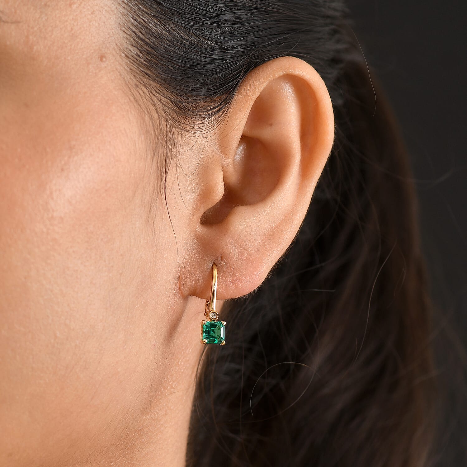 Luxuriant - AAA Lab Grown Columbian Emerald & Lab Grown Diamond (SI-G-H) Solitaire Lever Back Earring in 18K Vermeil Yellow Gold Plated Sterling Silver 1.26 Ct.