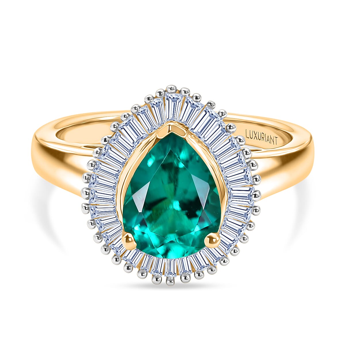 Luxuriant - AAA Lab Grown Columbian Emerald & Lab Grown Diamond (SI-G-H) Halo Ring in 18K Vermeil Yellow Gold Plated Sterling Silver 1.70 Ct.