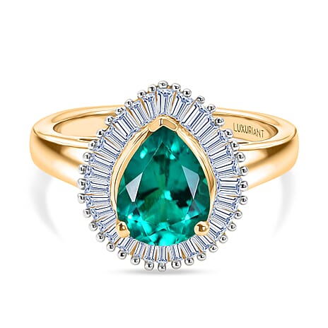 Luxuriant - AAA Lab Grown Columbian Emerald & Lab Grown Diamond (SI-G-H) Halo Ring in 18K Vermeil Yellow Gold Plated Sterling Silver 1.70 Ct.