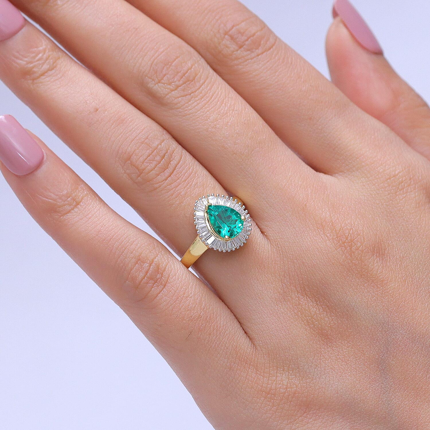 Luxuriant - AAA Lab Grown Columbian Emerald & Lab Grown Diamond (SI-G-H) Halo Ring in 18K Vermeil Yellow Gold Plated Sterling Silver 1.70 Ct.