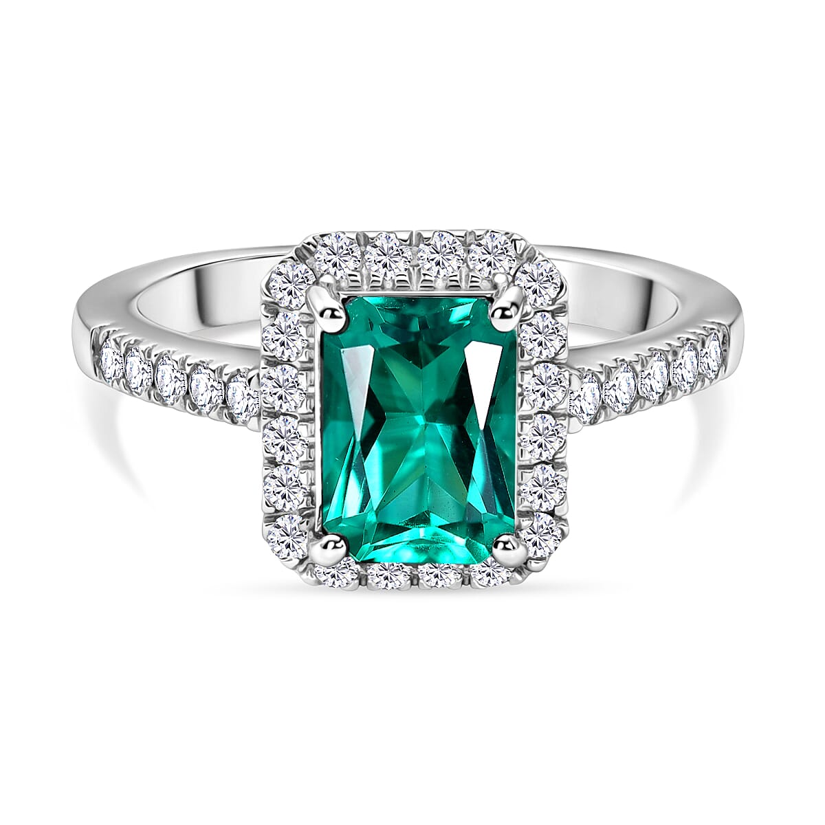 Luxuriant - AAA Lab Grown Columbian Emerald & Lab Grown Diamond (SI-G-H) Halo Ring in Rhodium Overlay Sterling Silver 1.80 Ct.