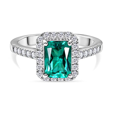 Luxuriant - AAA Lab Grown Columbian Emerald & Lab Grown Diamond (SI-G-H) Halo Ring in Rhodium Overlay Sterling Silver 1.80 Ct. Luxuriant - AAA Lab Grown Columbian Emerald & Lab Grown Diamond (SI-G-H) Halo Ring in Rhodium Overlay Sterling Silver 1.80 Ct.
