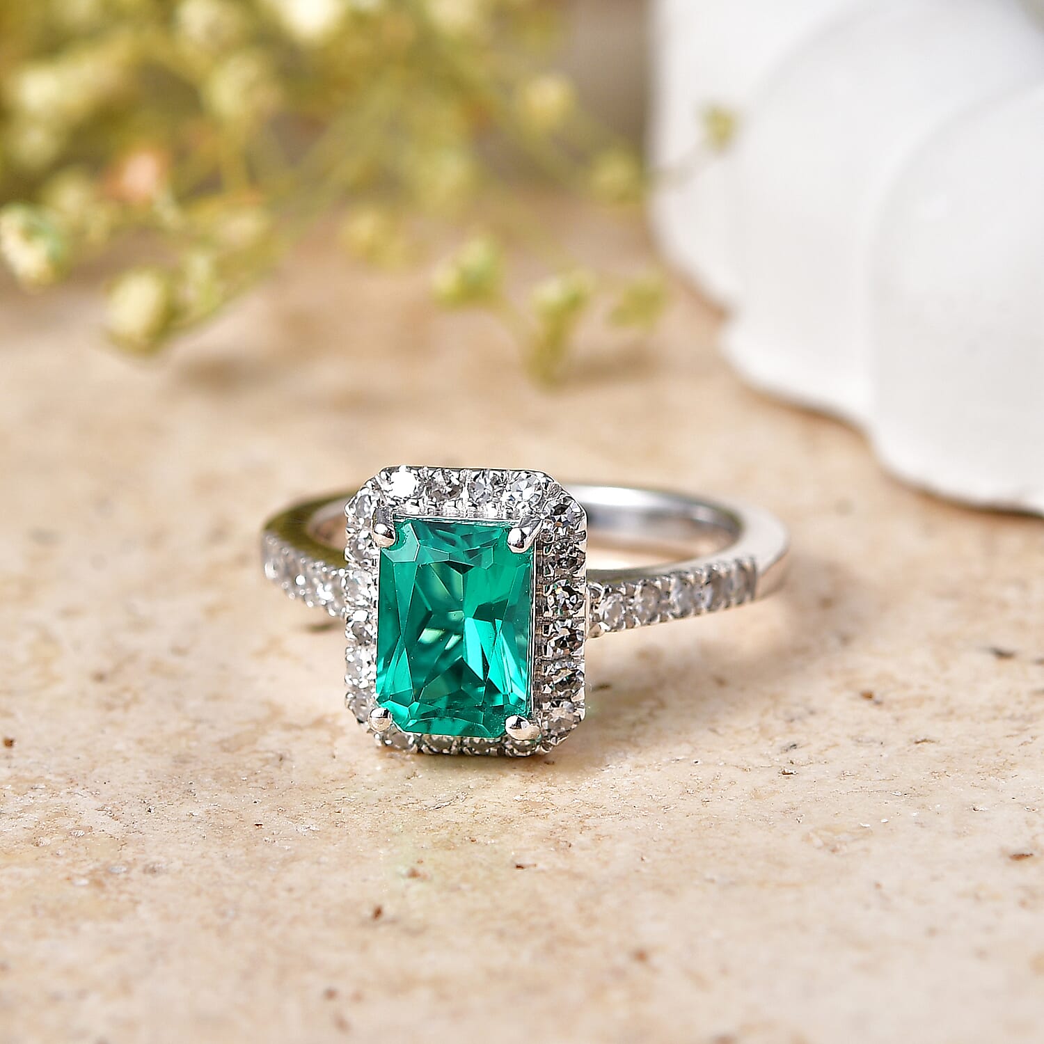 Luxuriant - AAA Lab Grown Columbian Emerald & Lab Grown Diamond (SI-G-H) Halo Ring in Rhodium Overlay Sterling Silver 1.80 Ct.
