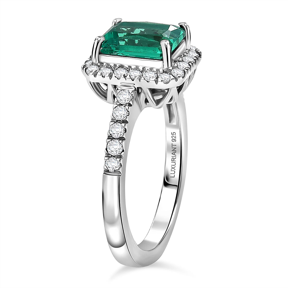 Luxuriant - AAA Lab Grown Columbian Emerald & Lab Grown Diamond (SI-G-H) Halo Ring in Rhodium Overlay Sterling Silver 1.80 Ct.