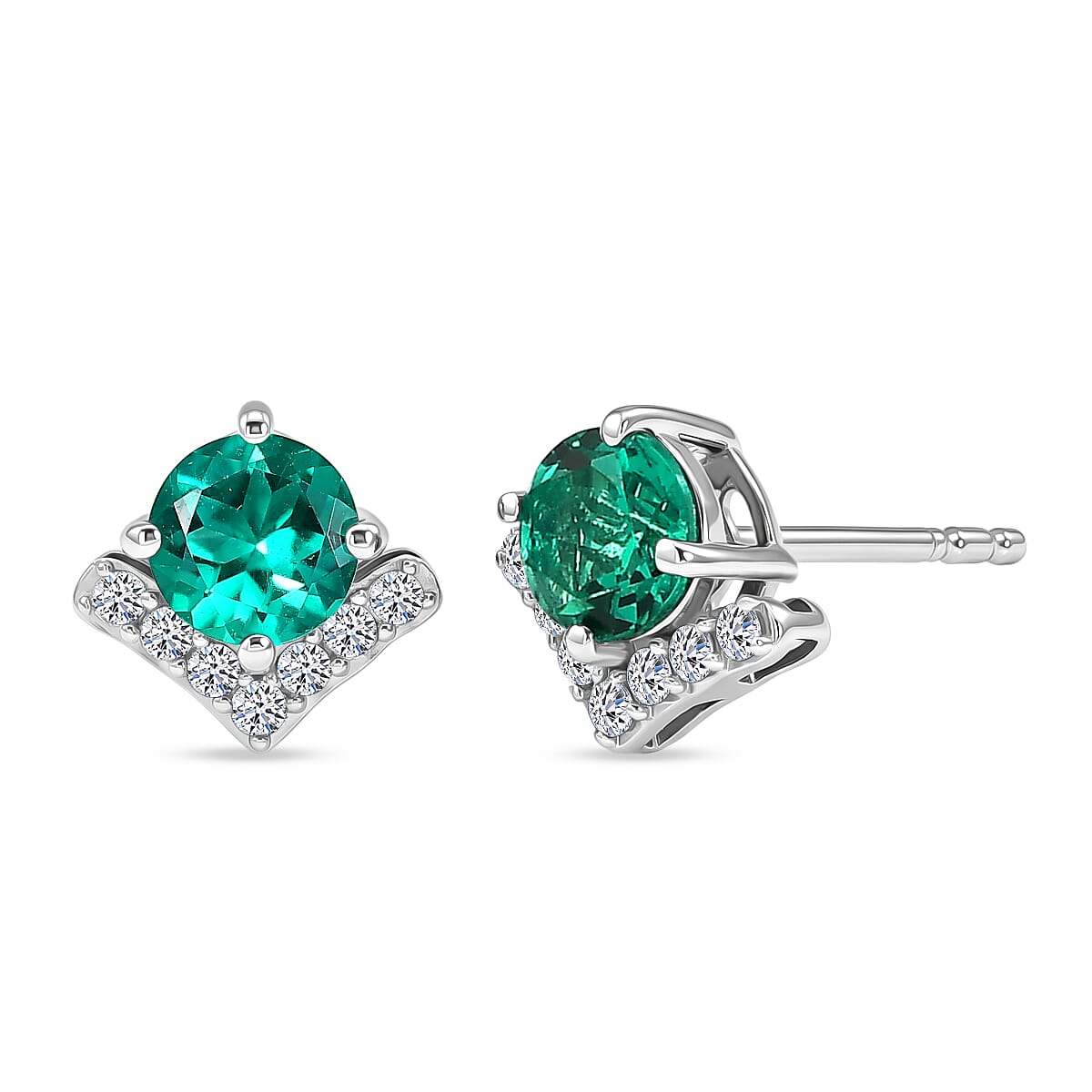 Luxuriant - AAA Lab Grown Columbian Emerald & Lab Grown Diamond (SI-G-H) Push Post Earring in Rhodium Overlay Sterling Silver 1.12 Ct.