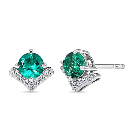 Luxuriant - AAA Lab Grown Columbian Emerald & Lab Grown Diamond (SI-G-H) Push Post Earring in Rhodium Overlay Sterling Silver 1.12 Ct.