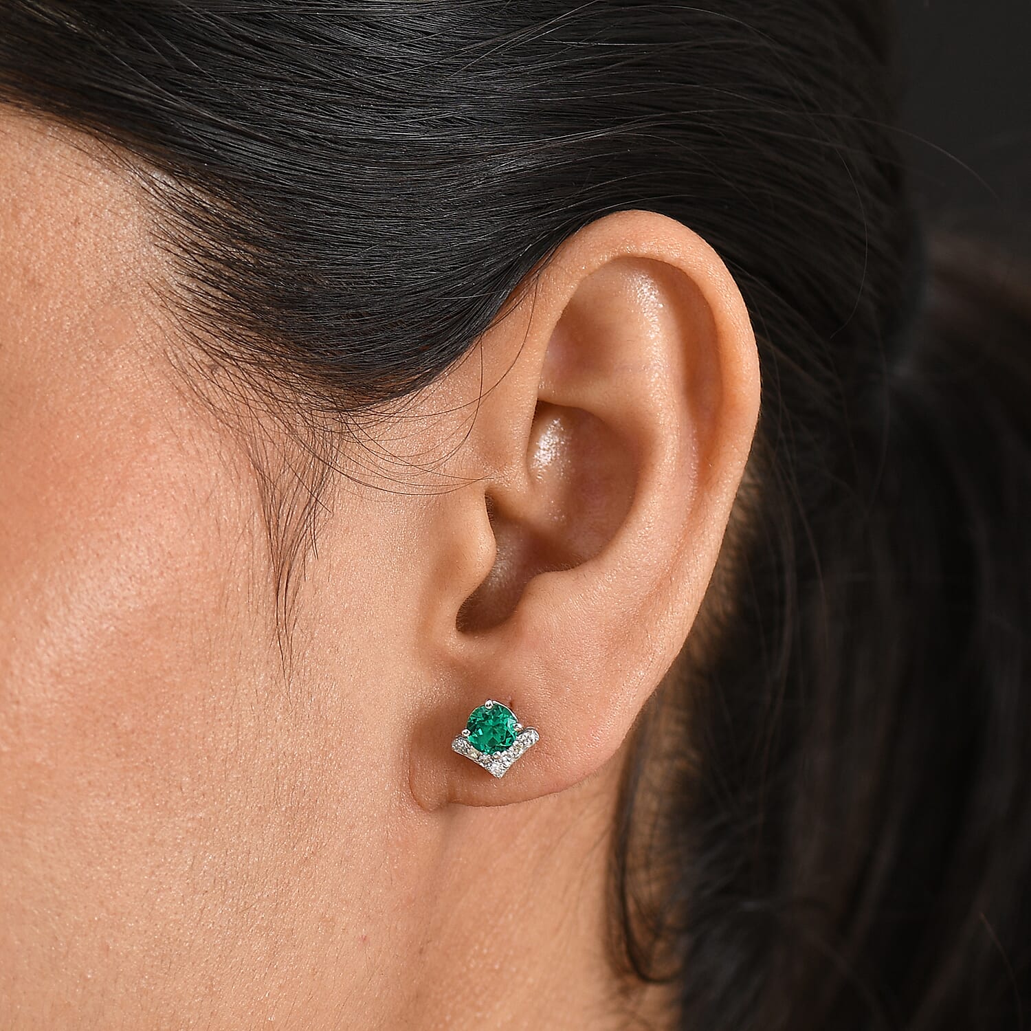 Luxuriant - AAA Lab Grown Columbian Emerald & Lab Grown Diamond (SI-G-H) Push Post Earring in Rhodium Overlay Sterling Silver 1.12 Ct.
